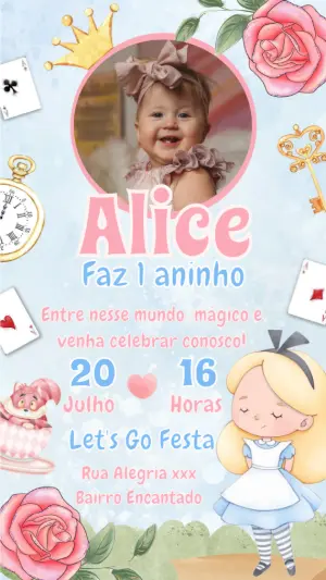 Convite Aniversário Alice com Foto para Editar Online