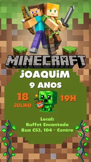 Convite de Aniversário Minecraft Digital para Editar
