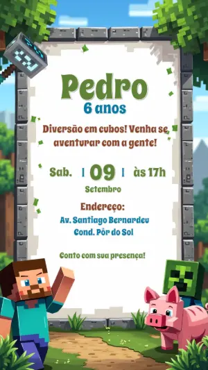 Convite de Aniversário Minecraft com Personagens para Editar