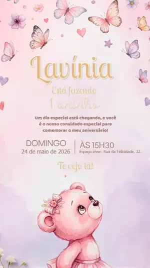 Convite de Aniversário Ursinha Rosa e Borboletas Editável