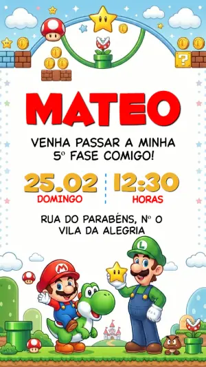Convite de Aniversário Infantil Super Mario para Editar