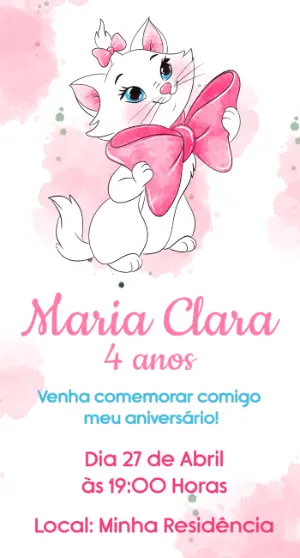 Convite de Aniversário Gata Marie Aquarela para Editar