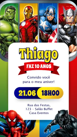 Convite de Aniversário Vingadores Colorido para Editar