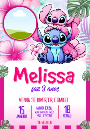 Convite Aniversário Infantil Stitch e Angel com foto