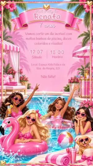 Convite Barbie Festa na Piscina Fashion Editável