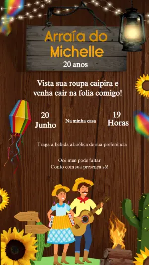 Convite Festa Junina de Aniversário com Casal Caipira para Editar