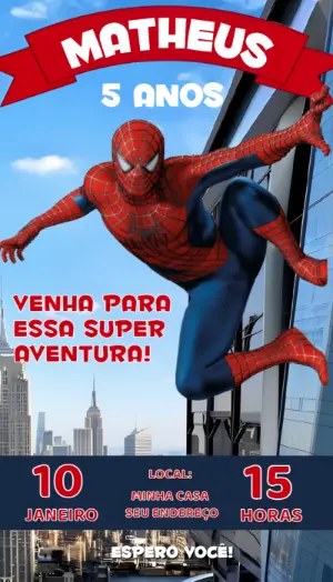 Convite de Aniversário Homem Aranha: Modelo Digital para Editar