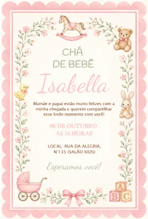 Convite Chá de Bebê Menina Aquarela Brinquedos Rosa Editável