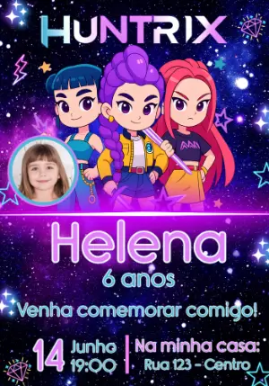 Invitation d'anniversaire KPop Demon Hunters – Statique – Convites e Artes Digitais