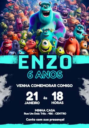 Convite de Aniversário Monstros SA para Editar Online