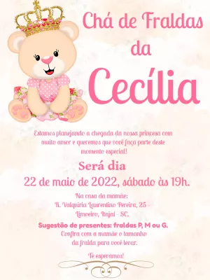 Convite Chá de Fraldas Ursinha Princesa para Editar Online