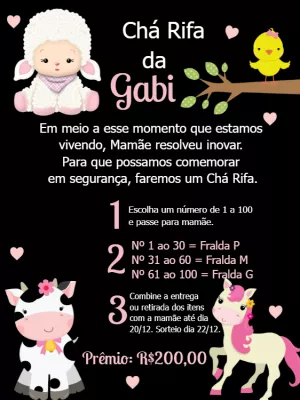 Convite Chá Rifa Fazendinha com Animais para Editar Online