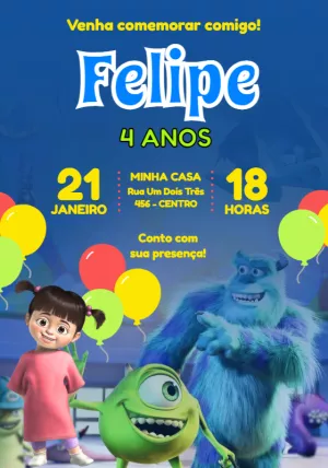 Convite de Aniversário Monstros SA Editável Online