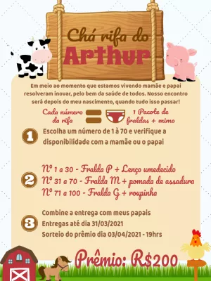 Convite Chá Rifa Fazendinha com Animais para Editar Online