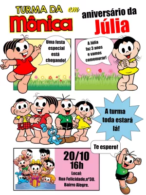 Convite de Aniversário Turma da Mônica Quadrinhos para Editar
