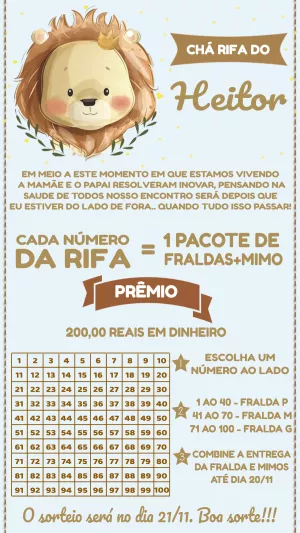 Convite Chá Rifa Leãozinho Editável para Enviar Online