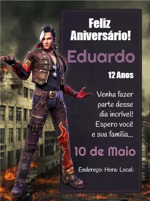 Convite Aniversário Free Fire com Personagem para Editar Online