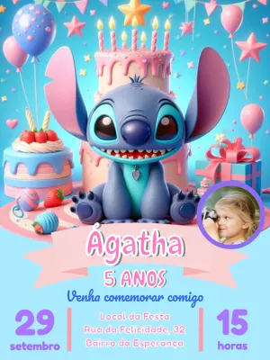 Convite Aniversário Stitch com Foto para Editar Online