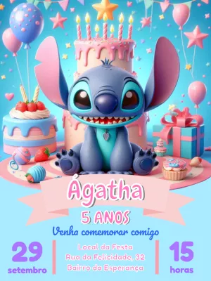 Convite de Aniversário Stitch Fofo para Editar Online