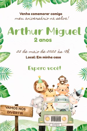 Convite Aniversário Safari com Animais Fofos para Editar Online