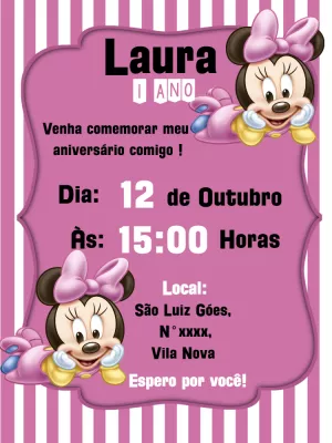 Convite Aniversário Minnie Baby Rosa para Editar Online