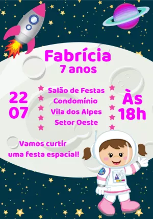 Convite Aniversário Astronauta Menina para Editar Online
