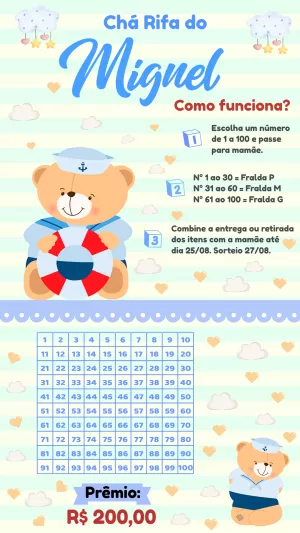 Chá Rifa Ursinho Marinheiro: Convite Editável Online