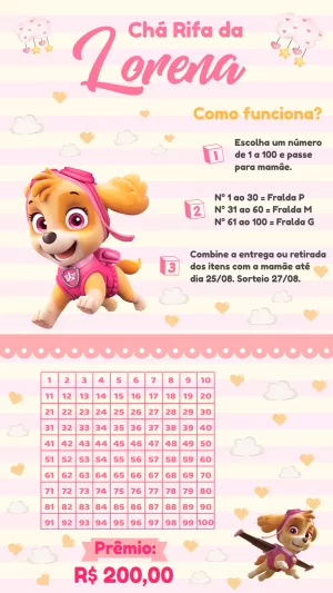 Chá Rifa Skye Patrulha Canina Rosa Editável Online