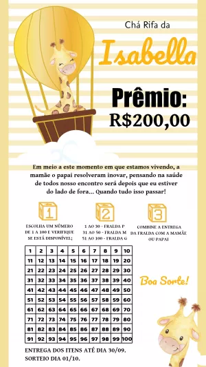 Convite Chá Rifa Girafinha no Balão para Editar Online