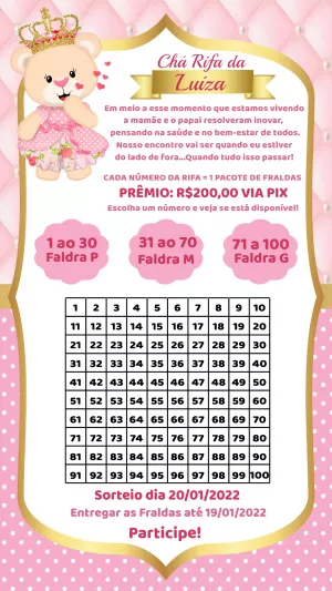 Chá Rifa Ursinha Princesa Rosa e Dourado para Editar Online