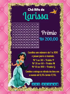 Chá Rifa Princesa Jasmine com Tema Aladdin para Editar Online