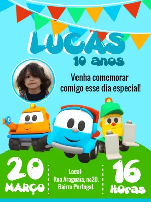 Convite de Aniversário Léo o Caminhão com Foto para Editar