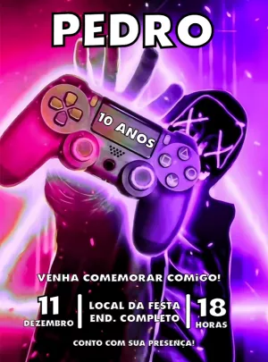 Convite de Aniversário Videogame Neon para Editar Online