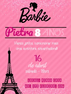 Convite de Aniversário Barbie Paris Editável para Imprimir