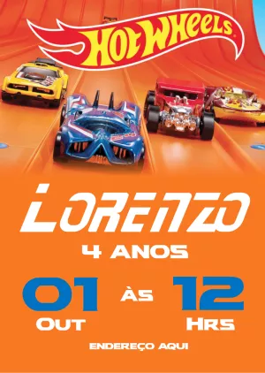 Convite Aniversário Hotwheels com Carros de Corrida para Editar
