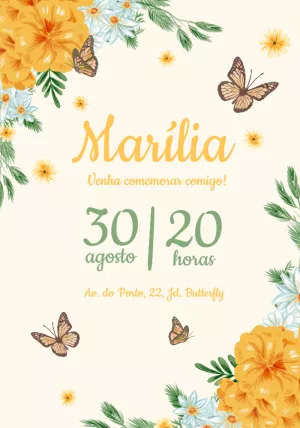 Convite de Aniversário Borboletas e Flores para Editar Online