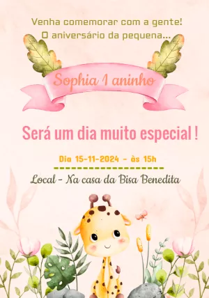 Convite Aniversário Girafinha Aquarela para Editar Online