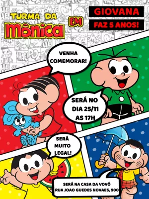 Convite de Aniversário Turma da Mônica para Editar Online