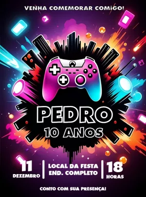 Convite Aniversário Videogame Neon para Editar Online