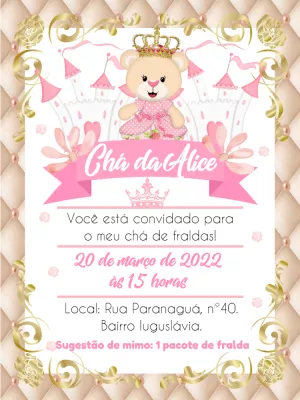 Convite Chá de Bebê Ursinha Princesa Editável Online
