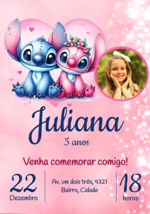 Convite Aniversário Stitch e Angel com Foto para Editar Online
