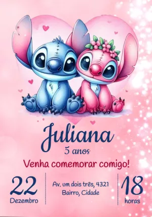 Convite de Aniversário Stitch e Angel para Editar Online