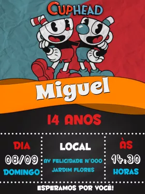 Convite de Aniversário Cuphead com Personagens para Editar