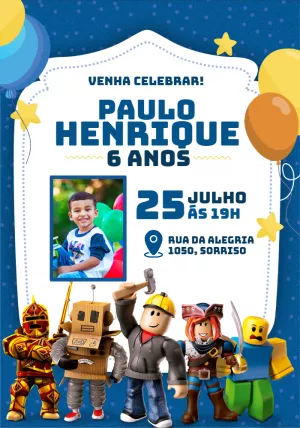 Convite de Aniversário Roblox com Foto para Editar Online