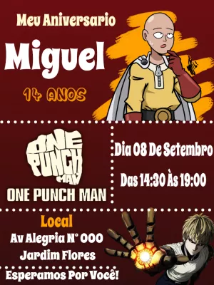 Convite Aniversário One Punch Man com Saitama para Editar Online