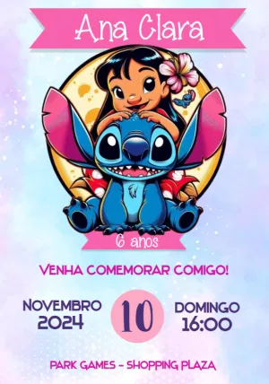 Convite de Aniversário Lilo e Stitch Abraço Fofo para Editar