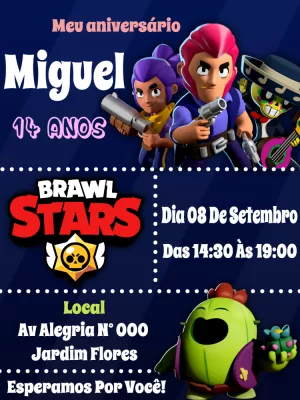 Convite de Aniversário Brawl Stars com Personagens para Editar