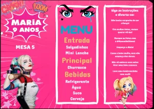 Menu Cardápio Arlequina Editável para Festa de Aniversário