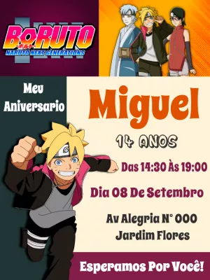 Convite de Aniversário Boruto com Personagens para Editar Online