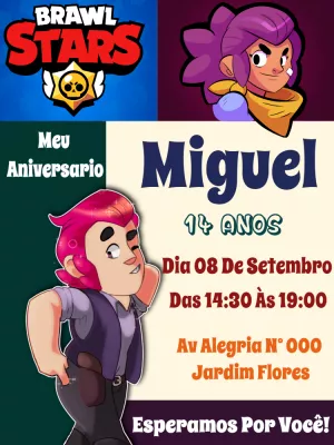 Convite Aniversário Brawl Stars com Personagens para Editar Online